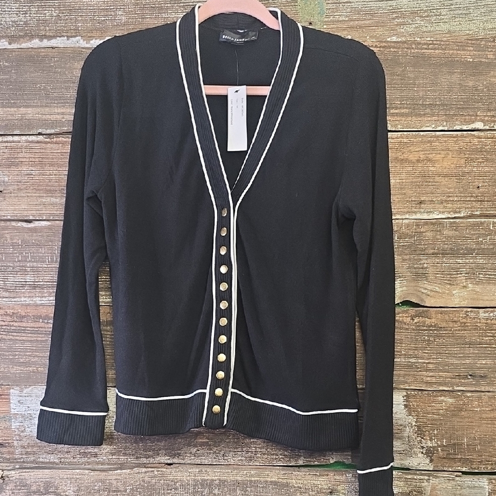 Bella Jane Black Cardigan with Gold Buttons, Size M, NWT